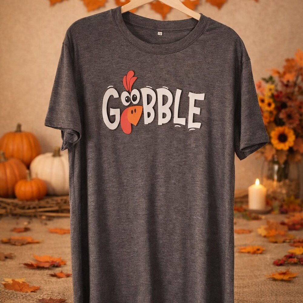 Gray Graphic T-shirt with the word "Gobble" in white letters & turkey image-Med